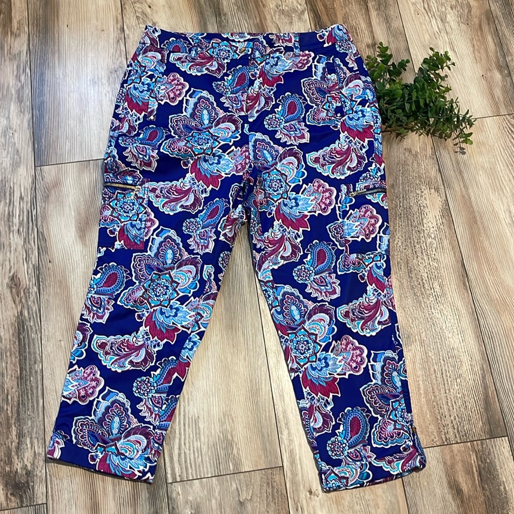 Chico’s Luxe Utility Floral Paisley Crop Pant Blue Women’s Sz 1.5 Medium